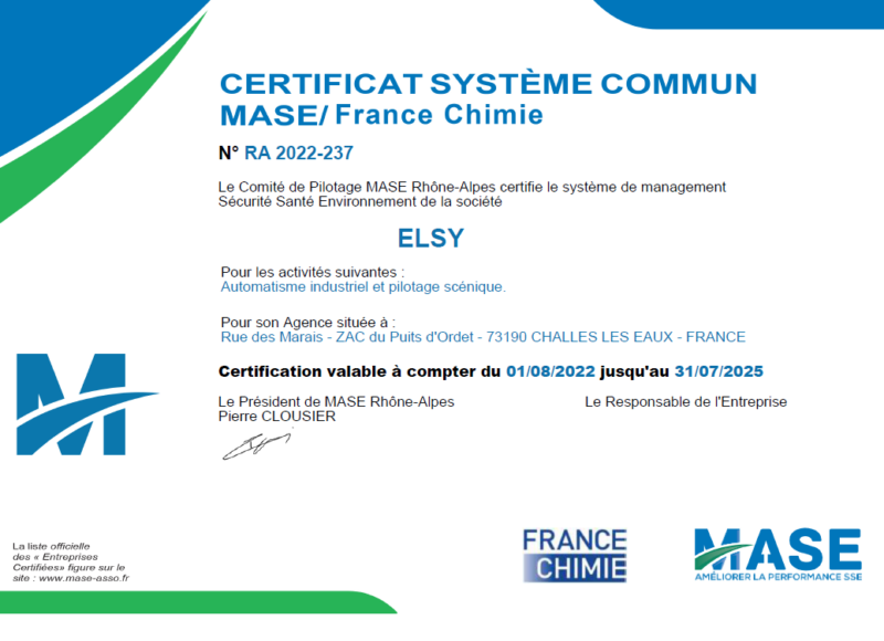 certificat MASE d'ELSY
